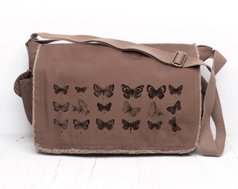 Canvas Messenger Bag - Butterfly Messenger Bag - Mens/ Womens Messenger Bag - Vintage Butterfly Chart Messenger Bag Canvas