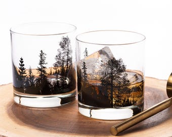 Forest Landscape Whiskey Glasses - Set of Two Nature-Themed Tumblers - 11oz.