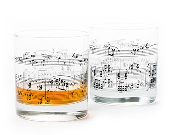 Music Note Tumbler Glass Set - Music Themed Whiskey and Kitchen Glasses - Music Gift - Whiskey Glasses Set of Two 11oz. - Classical Music