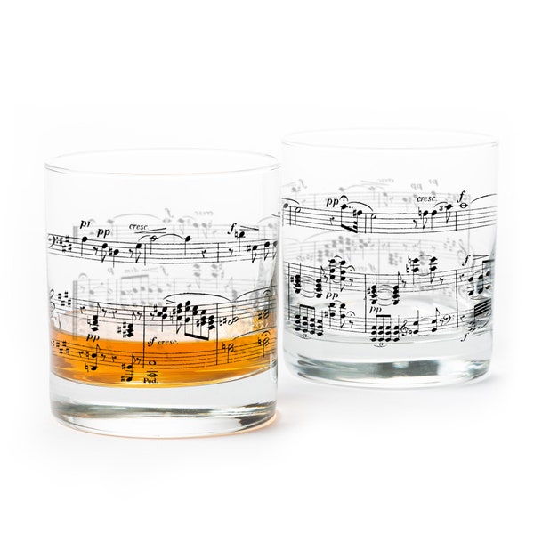 Music Note Tumbler Glass Set - Music Themed Whiskey and Kitchen Glasses - Music Gift - Whiskey Glasses Set of Two 11oz. - Classical Music