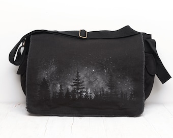 Canvas Messenger Bag - Stars and Night Landscape - Messenger Bag Women - Nature Messenger Bag - Constellation Bag