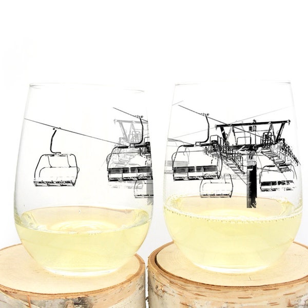 Wine Glasses Ski Gifts - Ski Lift - Ski Gifts for Women or Men - Ski Decor - Stemless Wine Glasses - Wine Tumbler Set of Two