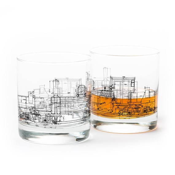 Train Whiskey Glass Set – Hand Printed Locomotive & Engine Blueprint Barware Gift for Men, Railroad Enthusiast Rocks Glasses (2pc)