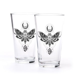 Pint Glass Set - Moth Moon Rock Beer and Drinking Glasses - Set of 2 - 16oz. Pint Glasses