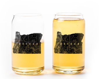 Oregon Drinking Glasses - State of Oregon with Antique Map Texture - Oregon Gifts - Two 16oz Pints - Mixing and Cocktail Glasses