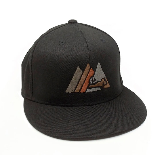 Retro Mountain Hat - Men's/Unisex Flexfit Hiking Hat - 2 Color Choices - Flat & Curved bill Options