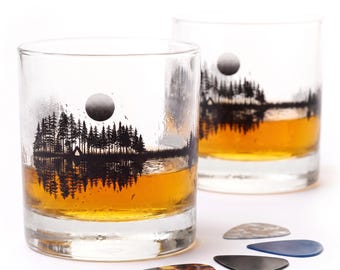 Nature Guitar Whiskey Glasses, Set of Two 11oz Rocks Tumblers, Hand Printed Barware
