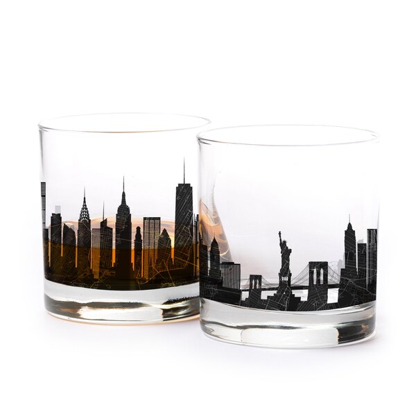 NYC Whiskey Glasses - New York City Skyline with Street Maps - New York Rock Glasses Set of Two 11 oz. - NYC Gift