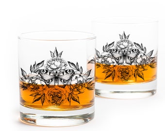 Butterfly and Flowers Rock Glass Set - Nature Themed Kitchen Glasses - Whiskey Lover Gift - Whiskey Glasses Set of Two 11oz.