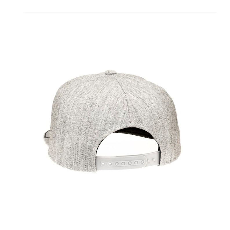 May include: A gray heather baseball cap with a black brim and a white adjustable strap in the back.