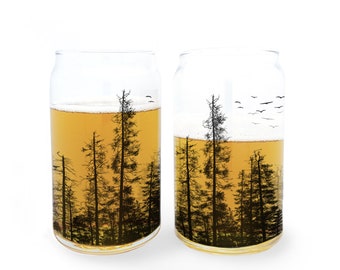 Beer Can Pint Glasses  - Pine Tree Forest Craft Beer Glasses - Beer Can Glass Set of Two 16oz