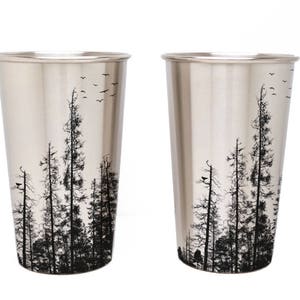 Stainless Steel Pint Glass with Pine Tree Forest Design - One Durable Metal Beer Cup Gift for Outdoors