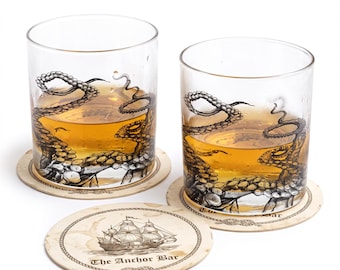 Hand-Printed Octopus Tentacles Whiskey Glasses – Nautical Barware Set (11oz)