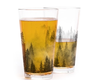 Forest and Clouds Pint Glass - Pint Mug - Beer Mug - Forest Glassware Beer Lover Gift - Nature Glasses Set of Two 16 oz.