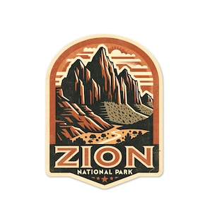 Puede incluir: Una ilustración de estilo vintage de una cordillera con un camino sinuoso que conduce a través del valle. El texto "ZION NATIONAL PARK" está impreso debajo de la imagen.