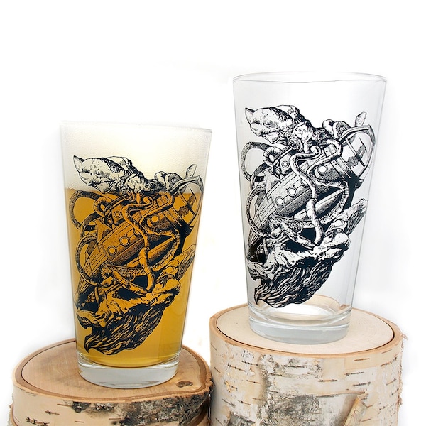 Kraken Pint Glass - Kraken Vs. Submarine Beer Glass - Tentacles Glass Boyfriend Gift Pint Mug - Set of Two 16oz