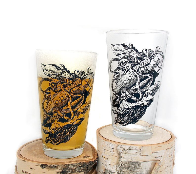 Kraken Pint Glass Kraken Vs. Submarine Beer Glass Tentacles Glass Boyfriend Gift Pint Mug Set of Two 16oz image 1