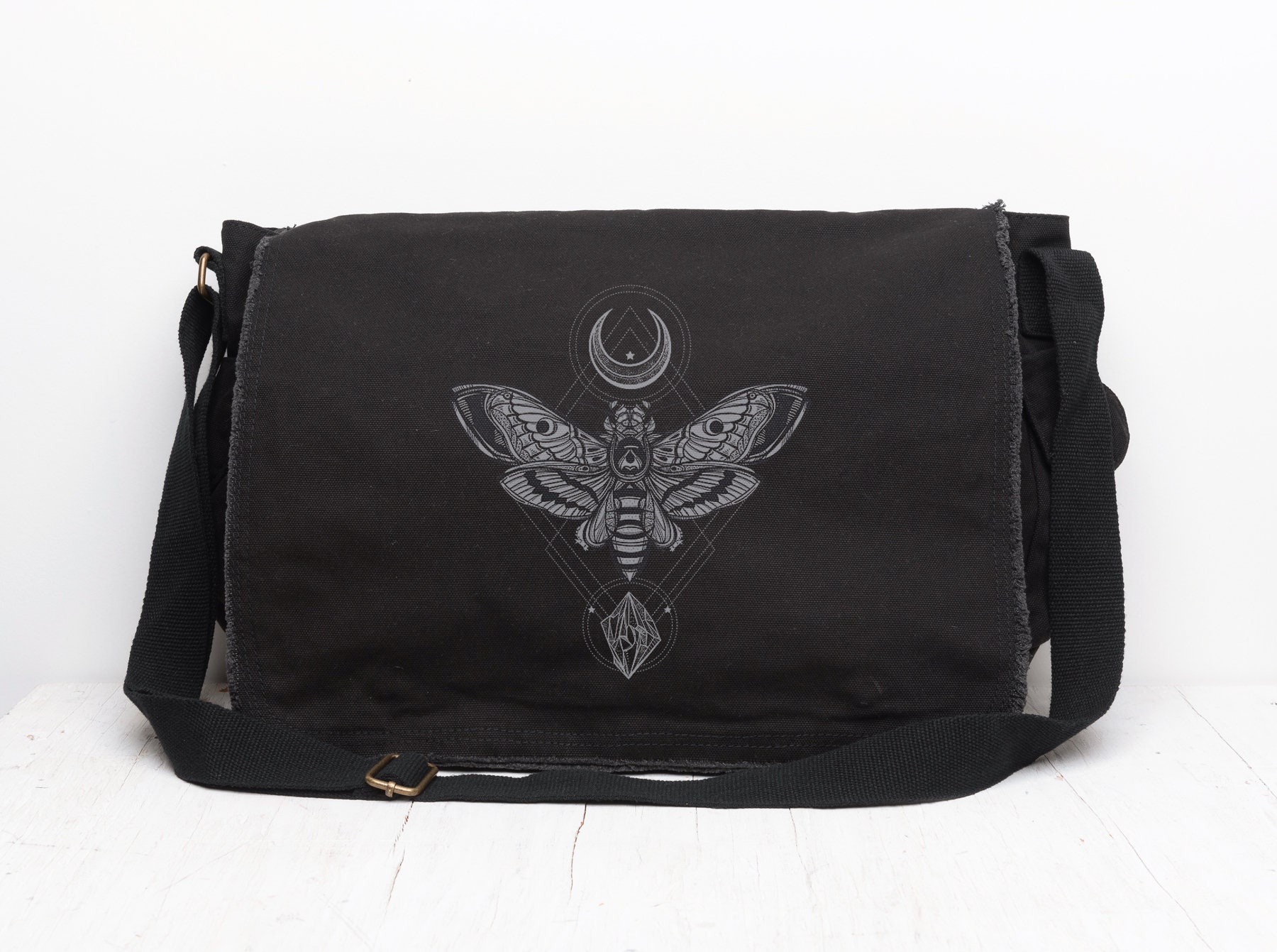 Leather & Canvas Messenger Bag in Black