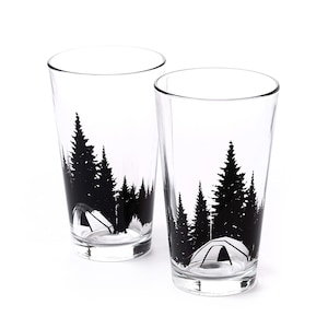 Camping in the Woods Pint Glass - Nature Drinking Glasses - Beer Lover Gift - Craft Beer Glass Set of Two