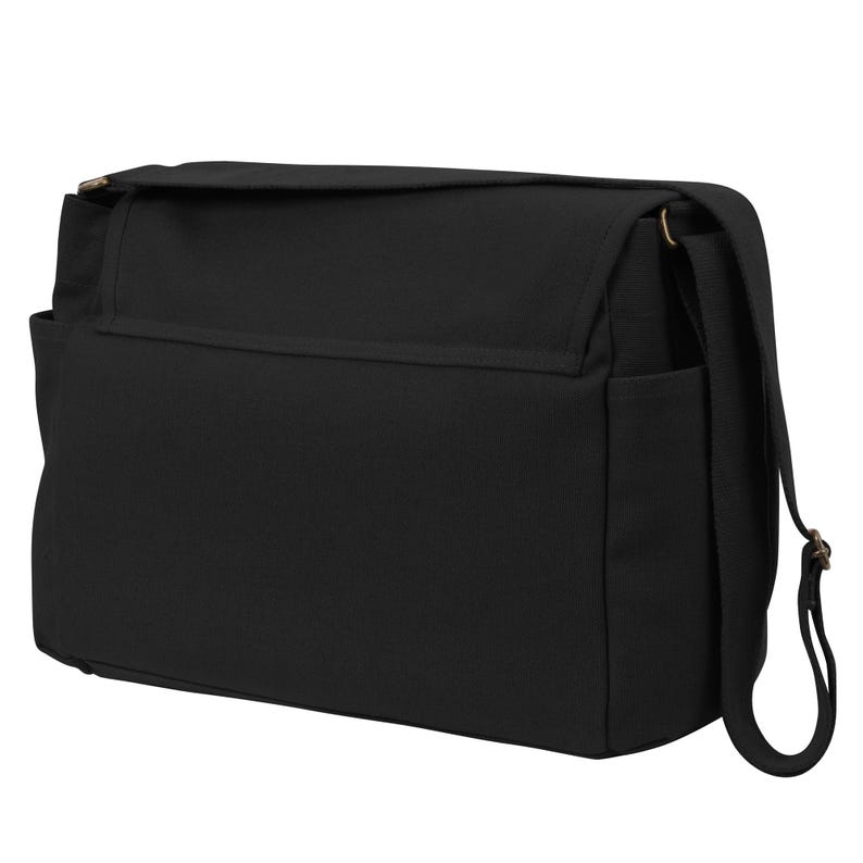 black messenger bag side view canvas shoulder bag with adjustable strap brass hardware