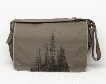 Canvas Messenger Bag School  - Pine Tree Forest - Forest Messenger Bag Women/Men - Canvas Bags Women | Green or Brown