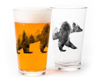 Pint Glass Set - Double Exposure Bear Pint Glasses - Nature-Themed Drinking Glasses - Set of Two 16 oz. - Highball Glasses with Heavybase