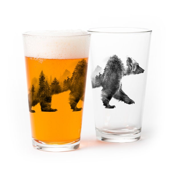 Bear Beer Glasses - Double Exposure Bear Pint Glass - Bear Gifts for Men - Pint Mug Set of Two 16 oz. - Screen Printed Pub Glass