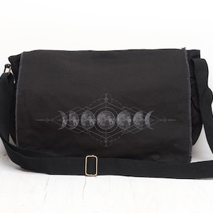 Sac messager en toile noire - Sac messager à géométrie sacrée et lune - Sac messager bandoulière pour femme/homme