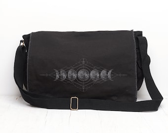 Black Canvas Messenger Bag - Sacred Geometry and Moon Messenger Bag - Cross-Body Messenger Bag for Women/Men