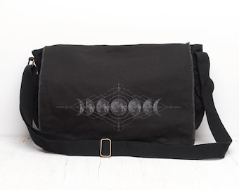 Schwarze Canvas Umhängetasche - Heilige Geometrie und Mond Umhängetasche - Cross-Body Umhängetasche für Frauen/Männer - Vintage Umhängetasche Frau