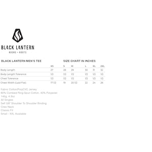 May include: Size chart for men's t-shirts in inches. The chart shows measurements for body length, body length tolerance, chest tolerance, and chest width. Sizes range from XS to 2XL.