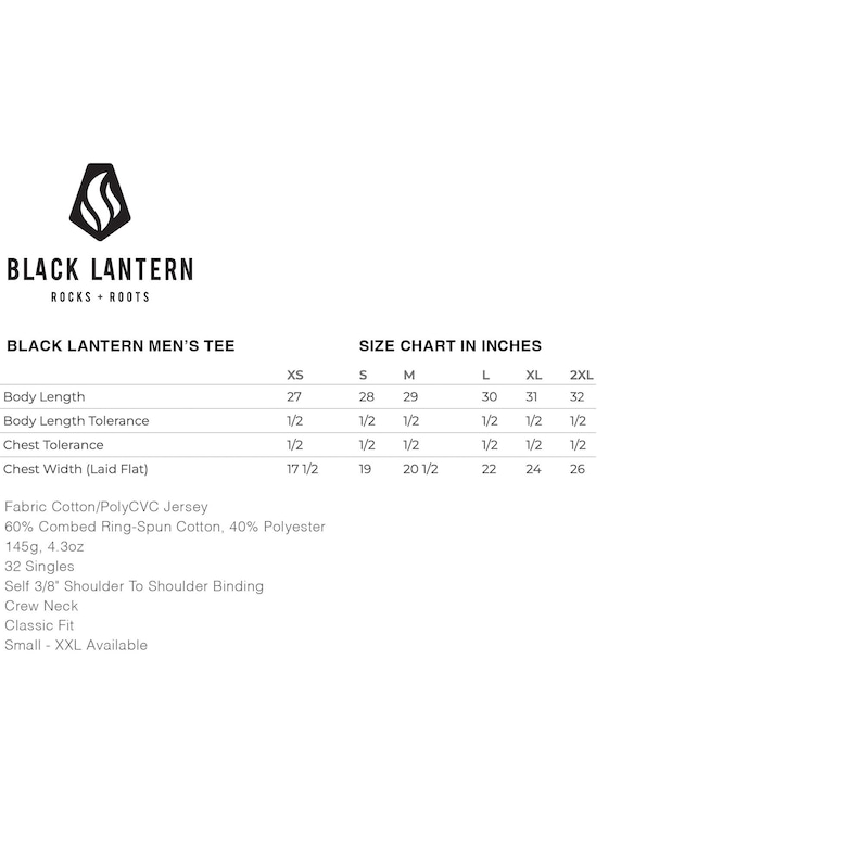 May include: Size chart for men's t-shirts in inches. The chart shows measurements for body length, body length tolerance, chest tolerance, and chest width. Sizes range from XS to 2XL.