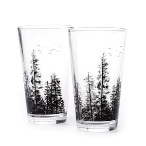 Pine Tree Forest Pint Glass - Pint Mug - Beer Mug - Forest Glassware Beer Lover Gift - Nature Glasses Set of Two 16 oz.