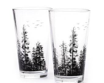 Pine Tree Forest Pint Glass - Pint Mug - Beer Mug - Forest Glassware Beer Lover Gift - Nature Glasses Set of Two 16 oz.