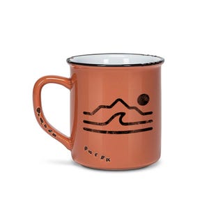 May include: A terracotta mug with a white interior and a black graphic of a mountain range and a wave. The graphic is centered on the mug.