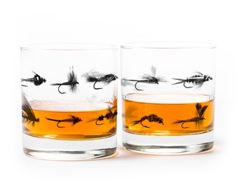 Fly Fishing Whiskey Glasses - Rocks Glasses - Bourbon Glasses - Fisherman Gifts for Men - Whiskey Glass Set of Two