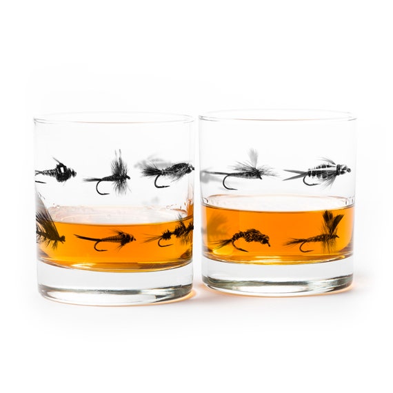 Fly Fishing Whiskey Glasses Rocks Glasses Bourbon Glasses Fisherman Gifts  for Men Whiskey Glass Set of Two 
