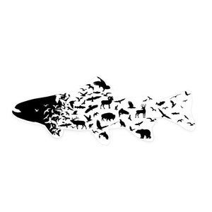 Puede incluir: Gráfico en blanco y negro de una forma de pez llena de siluetas de aves y varios animales. La cabeza del pez es de color negro sólido, que pasa a siluetas de animales y aves hacia la cola. El diseño está sobre un fondo blanco.