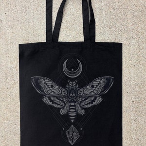 Elegant Black Cotton Canvas Tote Bag with Moth, Moon & Rock Design - Bridesmaid Gift or Mother&#39;s Day Gift