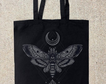 Black Cotton Canvas Tote Bag - Moth Moon and Rock - Bridesmaid Gifts - Moth Tote Bag Canvas - Halloween Tote Bag