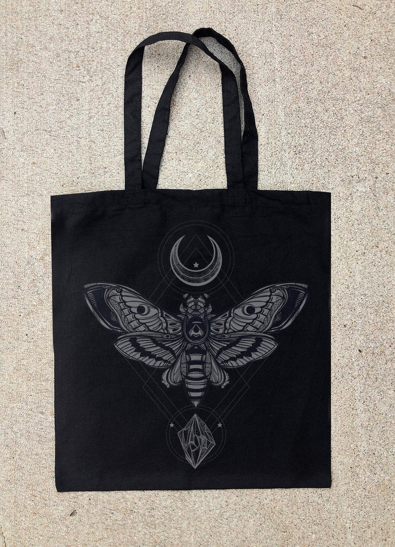 Cute Tote Bag - Moth Moon and Rock - Black Cotton Canvas Tote Bag - Bridesmaid Gifts - Teacher Gifts for Women - Moth Tote Bag 