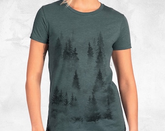 Women's Cloudy Forest Graphic T-Shirt - Mountain Graphic Tees for Women - Women's Nature Themed Apparel - Camping Shirt