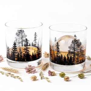 Forest Landscape Whiskey Glasses – 11oz Tumblers, Hand-Printed Nature Barware Set