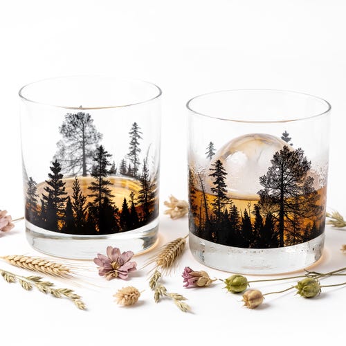 Verres à whisky Paysage forestier – Gobelets de 325 ml, ensemble de verres à whisky imprimés à la main sur le thème de la nature