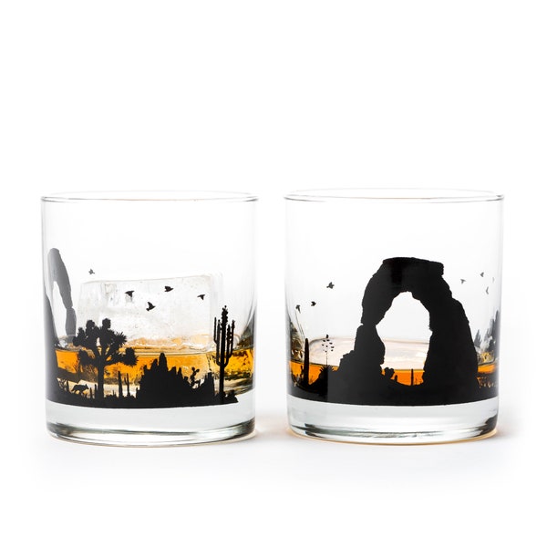 Southwestern Decor Whiskey Glasses - Desert Glasses - Desert Landscape & Arches Design - Whiskey Glasses Set of Two 11oz.