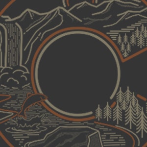 May include: Dark gray graphic design featuring a circular frame with a mountain range, waterfall, and pine trees. A fish leaps from the water. The design has a vintage, outdoorsy feel.