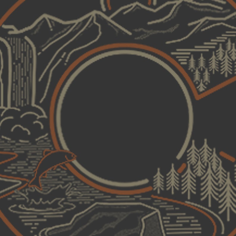 May include: Dark gray graphic design featuring a circular frame with a mountain range, waterfall, and pine trees. A fish leaps from the water. The design has a vintage, outdoorsy feel.