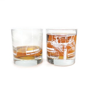 Ski Lift 8 -- Whiskey Glass Skiing Gift for Women or Men - White Print of Ski Lift Above Treeline - Apres Ski Gifts Whiskey Glasses Set of 2