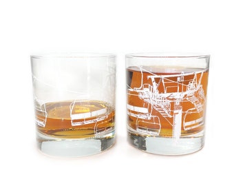 Ski Lift 8 -- Whiskey Glass Skiing Gift for Women or Men - White Print of Ski Lift Above Treeline - Apres Ski Gifts Whiskey Glasses Set of 2