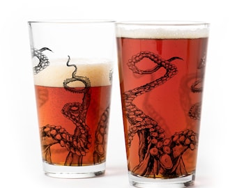 Premium Pint Glass Set - Octopus Tentacles Pint Glasses for Craft Beer and Cocktails - Set of 2 Drinking Glasses - 16oz Large Tumbler Glass